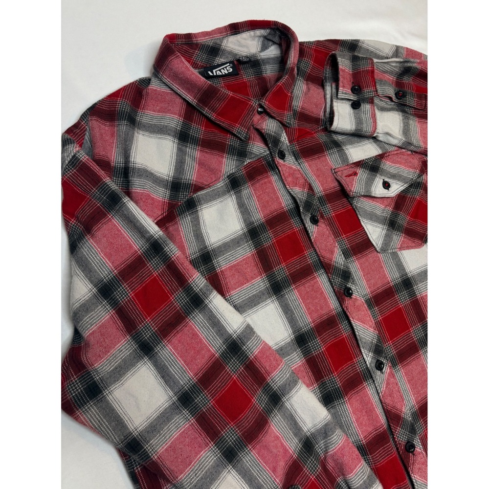 Vans Mens XXL Red Black White Plaid Flannel Button Down Shirt Long Sleeve Skater